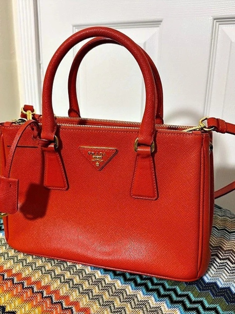 Prada Saffiano Lux Galleria Double Zip Tote Satchel in Orange